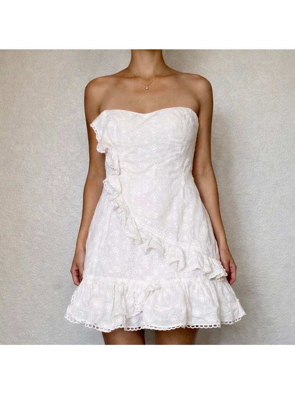 Vintage Cotton Romantic White Eyelet Ruffle Cottage Babydoll Mini Dress Size M